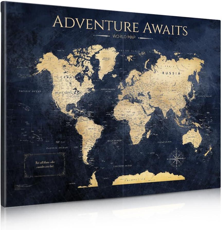 IPIC - World Map Canvas Painting for Wall Decor, Pinnable Travel Map, 30" x 24" Blue and Gold