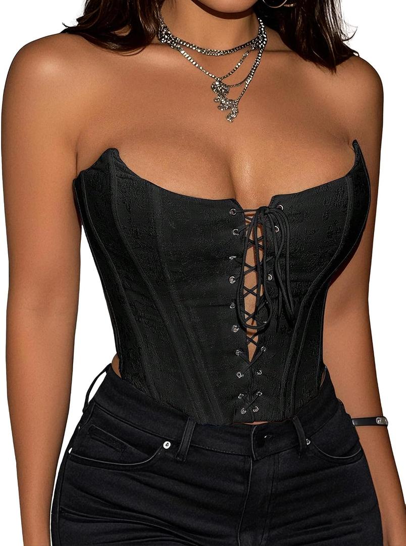 LovelyWholesale Women Strapless Lace Up Corset Tops Party Club Sexy Overbust Bustier Top Black Small