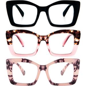 REAVEE Oversized Square Reading Glasses Oprah Style for Women, Blue Light Blocking Large Frame Computer Readers Spring Hinge (Black/Pink Leopard/Leopard Pink)