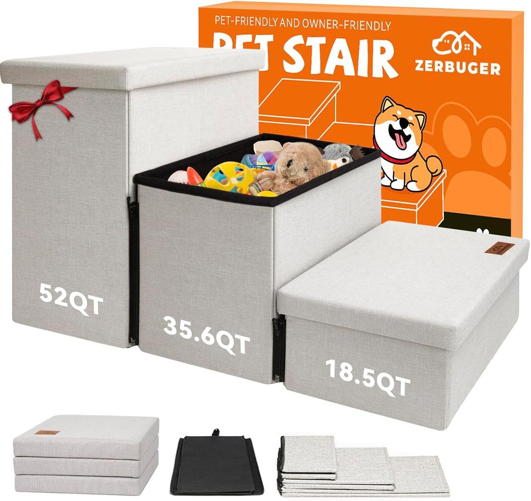 Dog Stairs with Storage 18" H, 3-Step Wider Dog Steps for Small/Medium/Large Old Dogs Cats, Folding Sturdy Pet Stairs Climbing Bed or Couch, Ramp for Car Up to 200 lbs (Beige, No Condo)