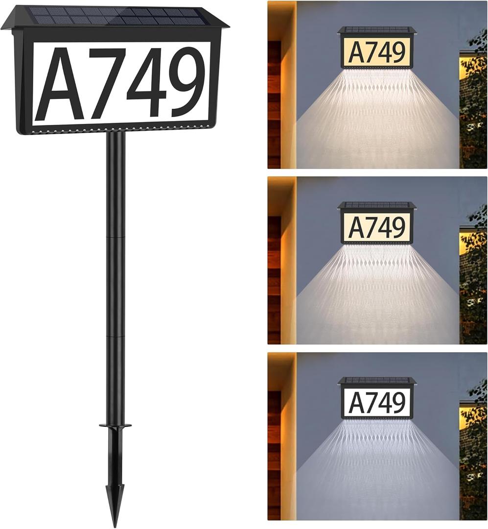 Solar Address Sign, House Numbers for Outside Light Up, 3 Colors Waterproof LED Illuminated House Numbers With Stake, Wall Mounted/In Ground Solar Powered Address Plaque for Yard Garden Home (1 Pack)
