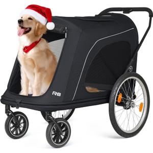 R8 Pro Extra Large Foldable Pet Stroller, Dog Stroller & Pet Trailer for Large Dogs Under 100 lbs, Unmovable, Disabled & Pregnant Dogs - Conveniently Carriable by Bike and Car, Black