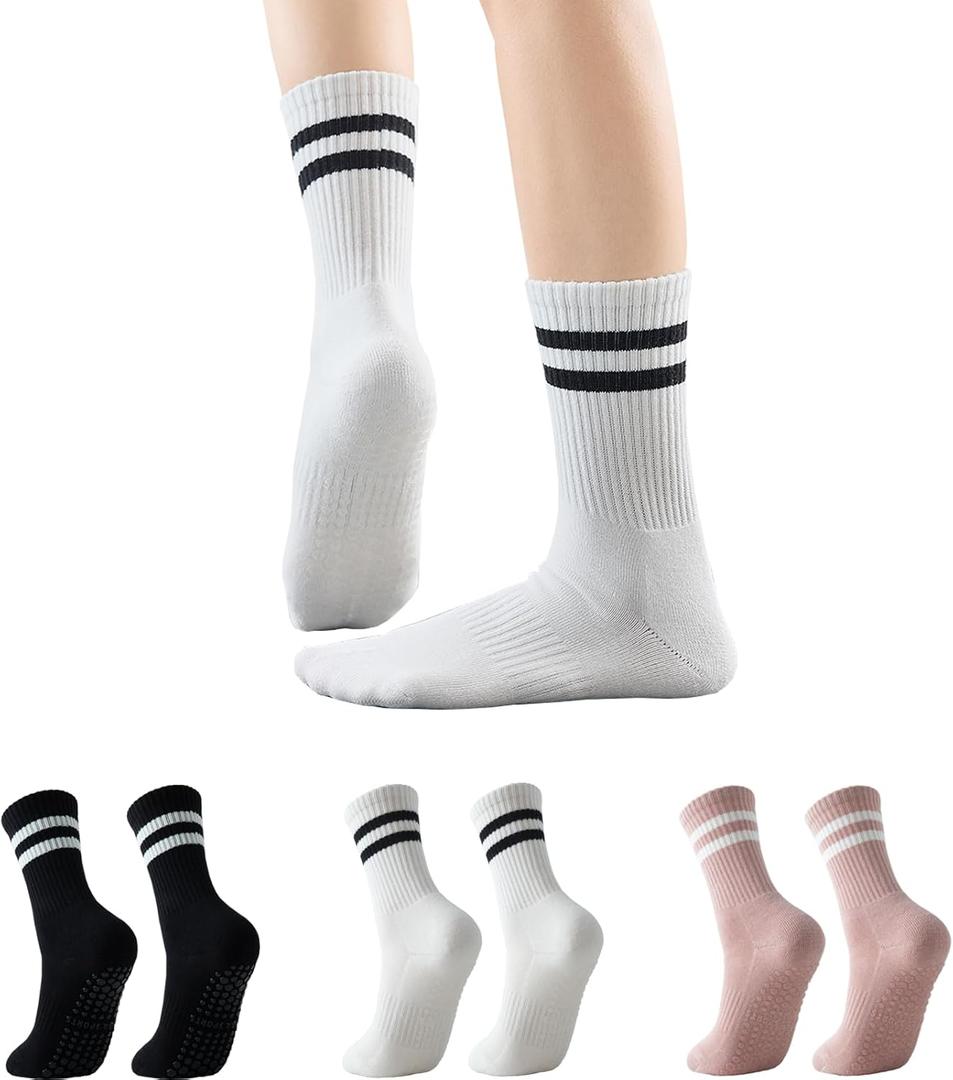2 x GLENMEARL Pilates Socks with Grips for Women, 3/6 Pairs Yoga Non Slip Long Socks, Grip Sock for Pilates, Dance Workout (7-9, 3 Pack Striped (Black,white,pink))