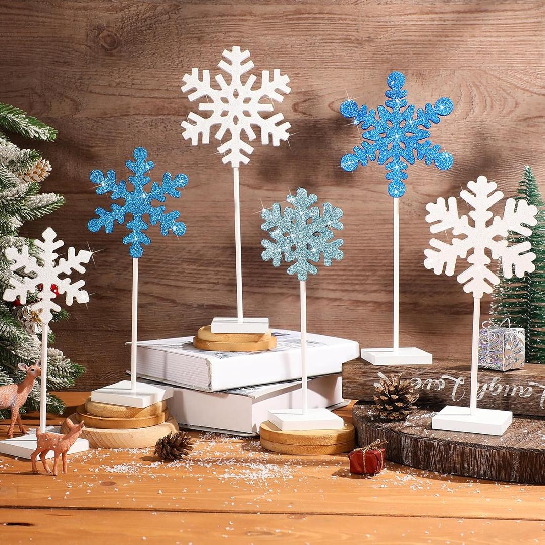 Sawysine 6 Pcs Christmas Wood Snowflake Table Centerpiece Decor Snowflake Tabletop Tall Standing Block Sign for Fireplace(Glitter White, Blue)