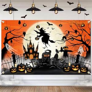 Lecheme Halloween Backdrop Orange Moon Night Graveyard Halloween Banner Spooky Castle Witch Scary Photo Background for Horror Night Party Decorations 6x3.6 ft