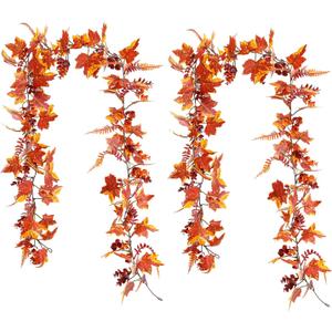 2 x 6ft Fall Maple Leaves Garland with eucalyptus leaves and ferns leaves, Autumn Harvest Garland for Thanksgiving, Halloween, Fireplace, Porch ,Mental and Indoor Outdoor Decoration (2pcs) (Yellow)