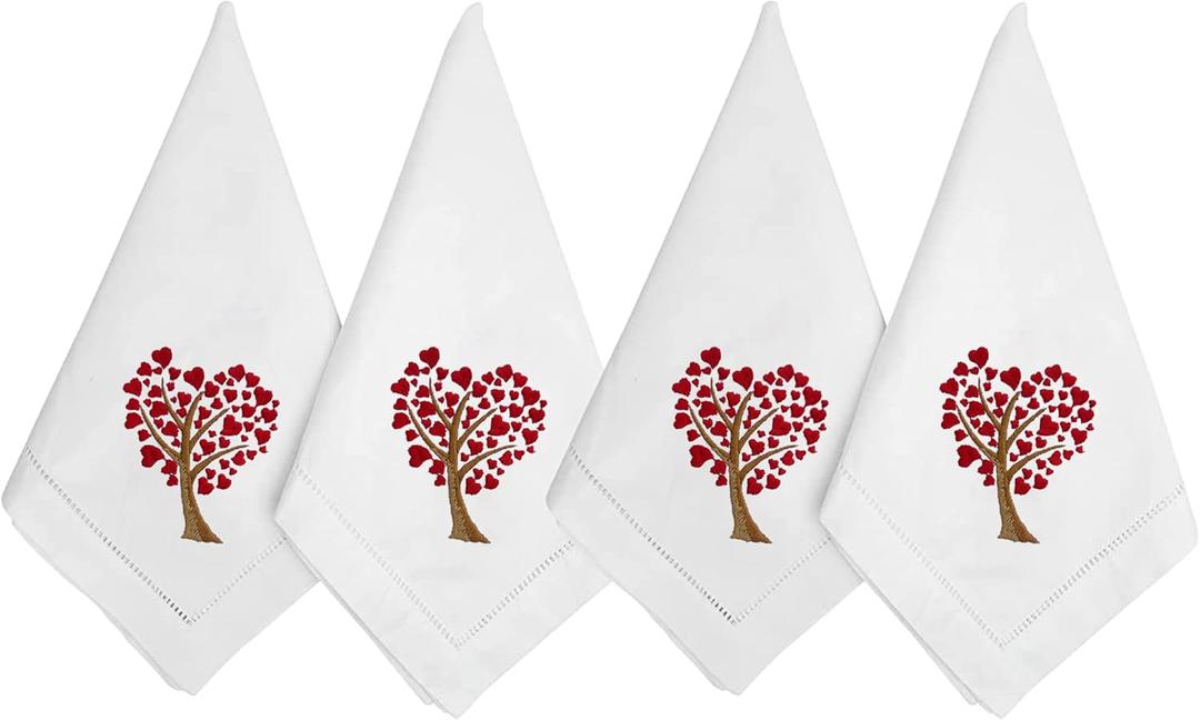 HCRAFT Valentine Napkins, Embroidered Cotton Table Napkin, Cloth Napkins Set of 4 18"x18" Heart Tree Napkin Square Fabric, Dining Room, Napkins Cloth Machine Washable, Great Present Ideas