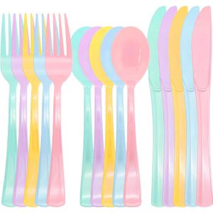 150 Pcs Pastel Plastic Silverware Heavy Duty Iridescent Utensils Plastic Pastel Silverware Disposable Includes 50 Forks 50 Knives 50 Spoons for Easter, Birthday, Baby Shower, Garden Party, Wedding