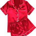 Ekouaer Womens Silk Satin Pajama Sets Soft Short Sleeve Button Down Sleepwear Top and Shorts 2 Piece Pjs Lounge Set (Small, Red)