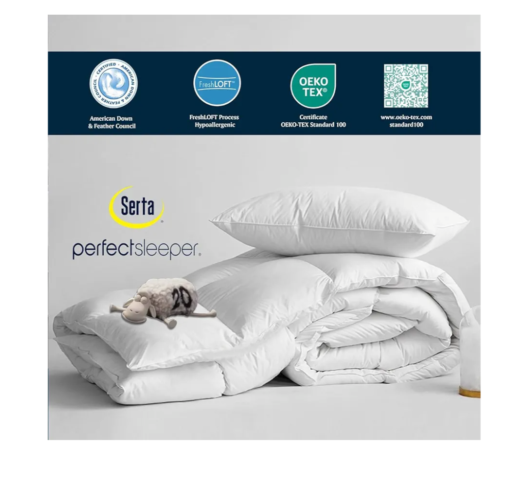 Serta Goose Feather Down Fiber Cotton Comforter Queen Size - 100% Cotton Duvet Insert - Hotel Luxury Hypoallergenic Bedding Comforter All Season Medium Warmth 90 x 90 Inch White