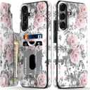 LETO Galaxy S24 FE Case,Luxury Flip Folio Leather Wallet Case Cover with Fashion Designs for Girls Women,Card Slots Kickstand,Phone Case Elegant Pink Flowers