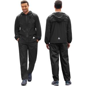COOFANDY Men's Rain Suit 2 Piece Waterproof Breathable Rain Gear Lightweight Rain Jacket Pants Rainwear Suit (X-Large, Black)