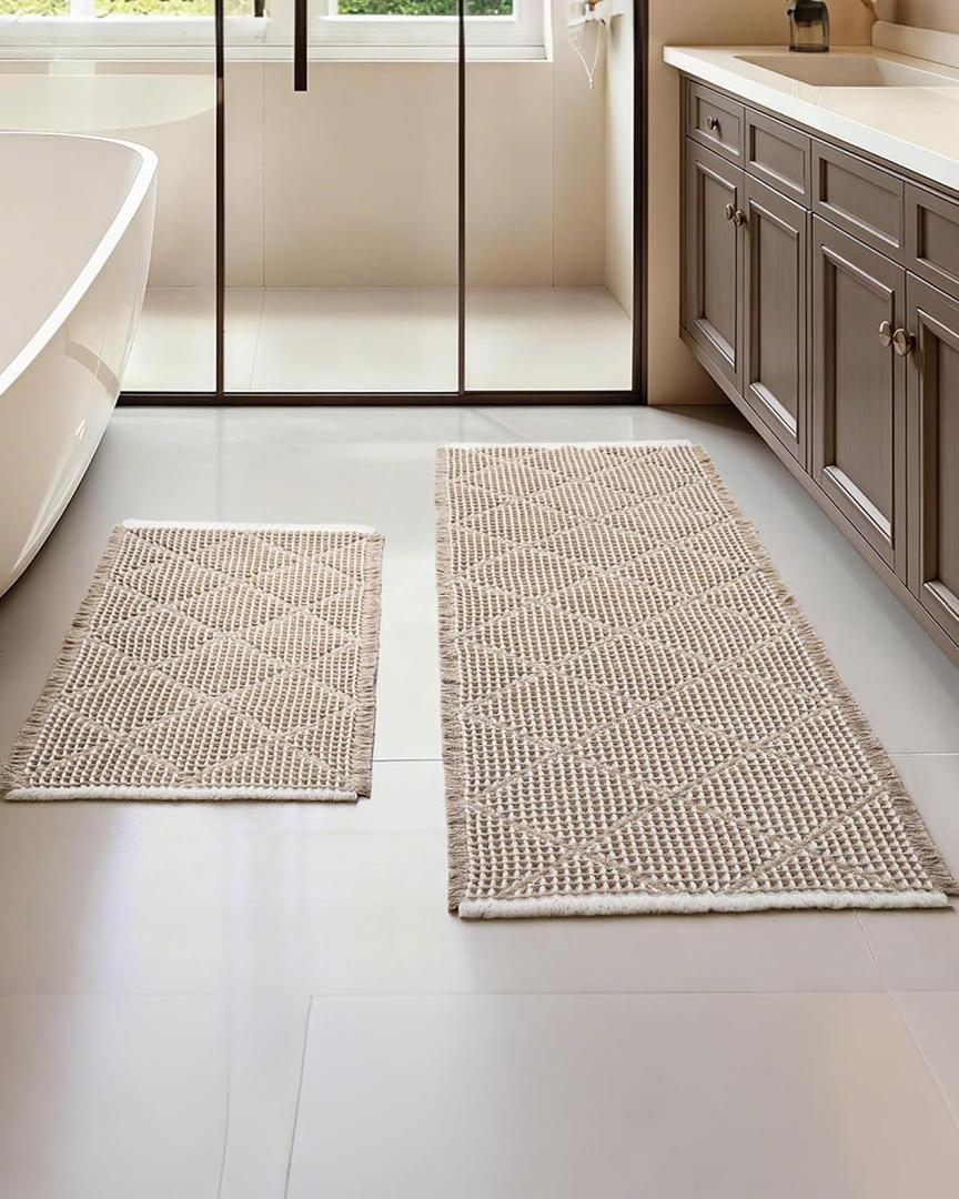 Furicher Waffle Bath Mat Set, Non Slip Bathroom Rugs Sets 2 Piece, Ultra Absorbent Long Bath Rug Runner for Bathroom Boho Chic Decor, Machine Washable Floor Mats, Brown & White, 20"47" Plus 18"30"