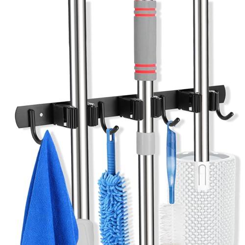 Voze 3 Racks and 4 Hooks Mop and Broom Holder Wall Mount, Self Adhesive Heavy Duty Broom Organizer Storage Tool Racks for Kitchen Garden Laundry Garage