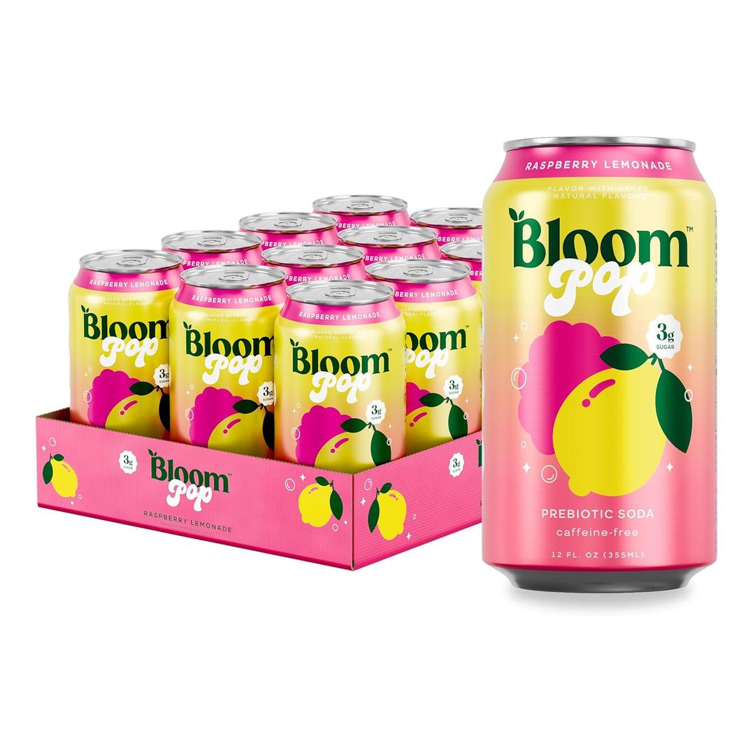 Bloom Pop Prebiotic Soda 12 Pack, Raspberry Lemonade Flavor, 12oz Cans | Prebiotic Soda for Gut Health, Low Calorie Soda, No Caffeine, Healthy Soft Drink Alternative, BB 31/09/2026