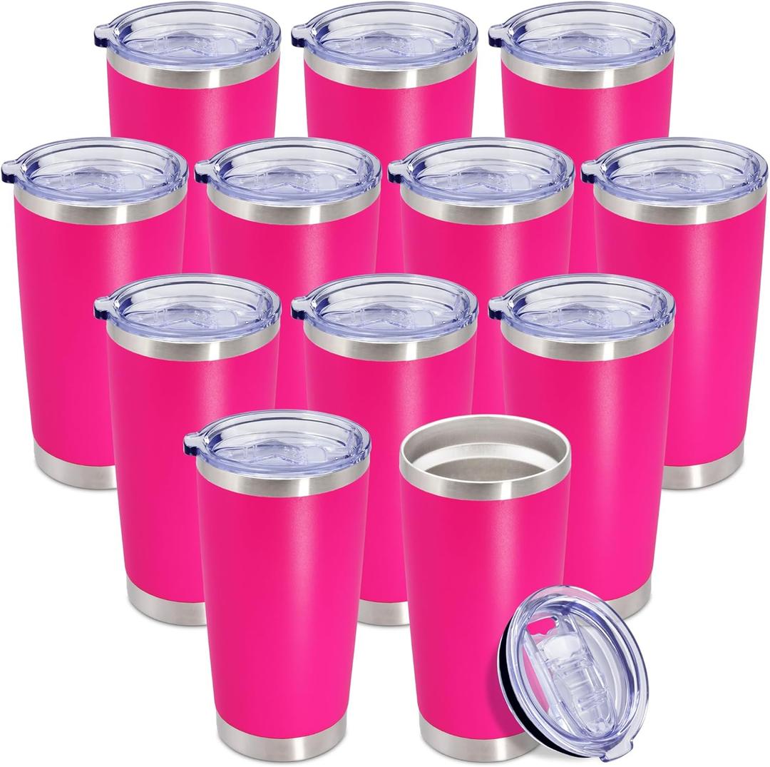 20 oz Tumbler Coffee Travel Tumblers Bulk with Lid Stainless Steel Double Wall Vacuum Insulated Mug Powder Coated Cups fit Car Cupholder for Hot and Cold - Hot Pink, 12Pack