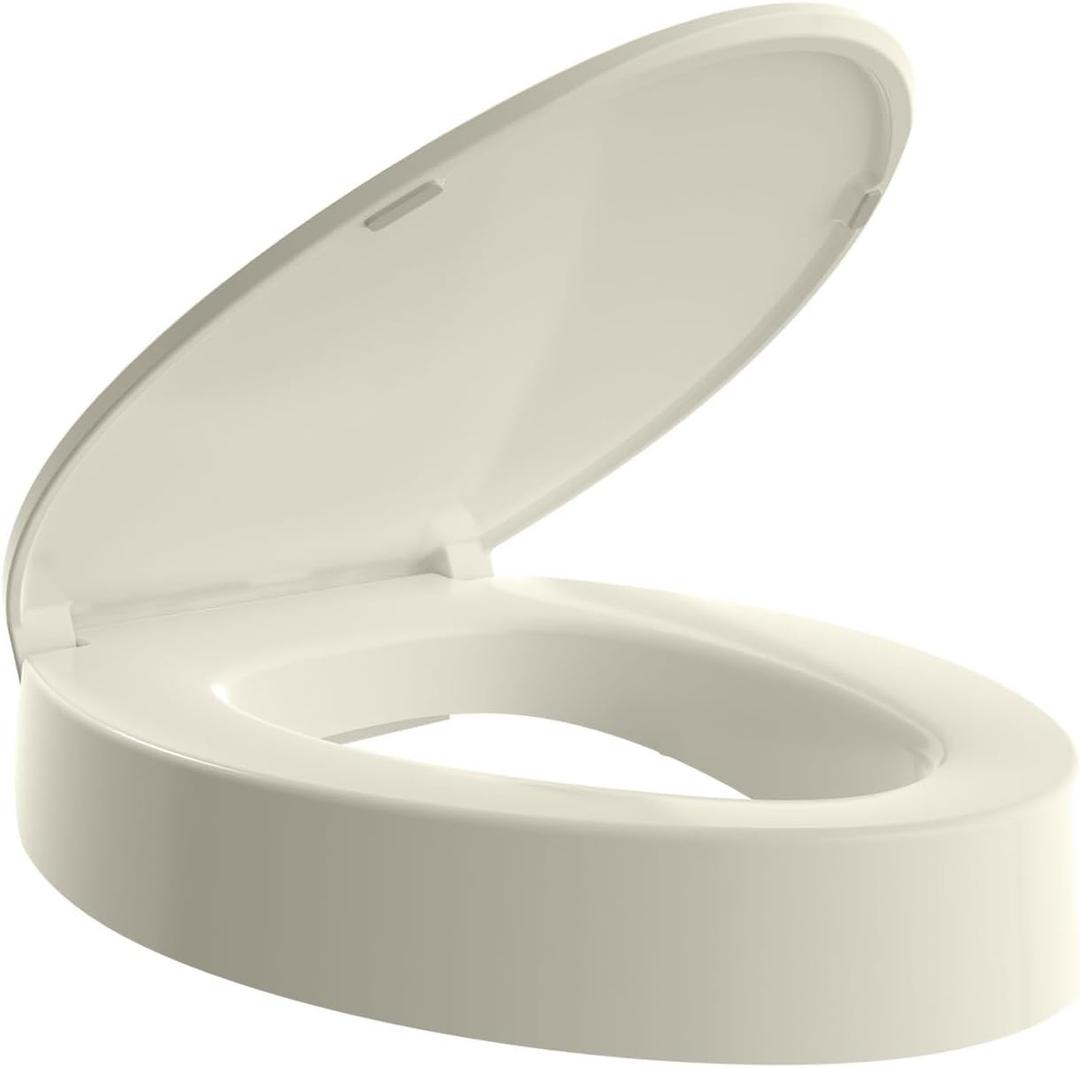 ELONGATED toilet seat risers for seniors, Slow Close, Elevated toilet seat, Heavy Duty, Never Loosen, Raised toilet seat elongated bowl, Almond/Bone(18.5)