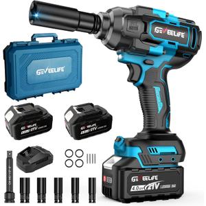 GEVEELIFE 1200N.m (900Ft-lbs) Brushless Impact Wrench, 1/2" Cordless Impact Driver with 2x 4.0Ah Battery, Fast Charger & 5 Sockets, High Torque, Electric Impact Gun for Car/Truck/RV/Mower