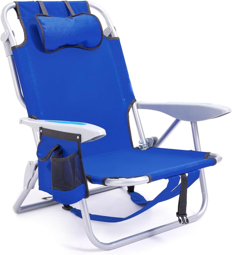 Portable Beach Chair for Adults, Outdoor Camping Chair Lay Flat Folding Backpack Beach Reclining Chair with 5 Positions, Headrest, Zipper Pouch, Cup Holder, Blue
