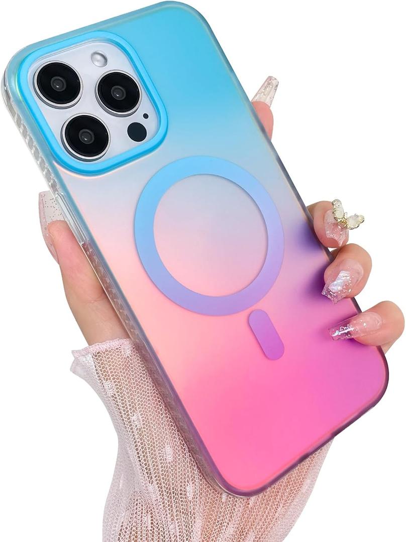 Aesthetic Case for iPhone 14 Pro Max Case for Women Girls, Compatible with Magsafe, Cute Girly Trendy Glitter Sparkly Rainbow Magnetic Protective Phone Cover, Matte Iridescent Blue & Pink