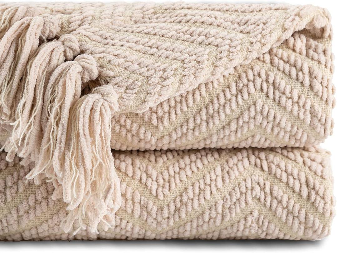 BATTILO HOME Beige Throw Blankets for Couch, Knitted Tan Throw Blanket for Twin Bed, Super Soft Warm Large Throws for Home Decor, 60" x 80"