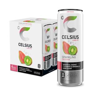 CELSIUS Sparkling Kiwi Guava, Functional Essential Energy Drink 12 Fl Oz (Pack of 4), Best By: 08/25