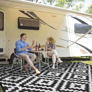 Outdoor Patio Plastic Straw Rug - 9x18 ft Outdoor Camping Rug Waterproof Reversible, Area Carpet Patios Clearance RV, Outside Porch Balcony Deck for Camper, Black & White