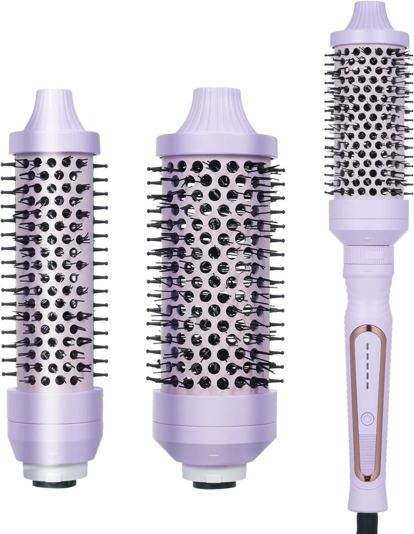 Heated Round Brush, Thermal Brush with 3 Detachable Heads for Short to Long Hair, 5 Temprature Settings Fast Heating Create Sleek Straight Hair/Bouncy Curls, Dual Voltage, Lilac