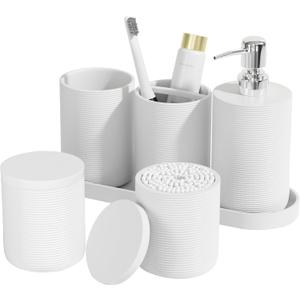 6-Piece Bathroom Accessory Set Resin, White Bath Accessories Complete with Toothbrush Holder, Lotion Soap Dispenser, 2 Qtip Holders, Vanity Tray, Bathroom Tumbler - Countertop Vanity Organizer