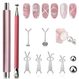 Plman Double-Head Cat Eye Nail Magnet Set, Nail Magnet Tool with Magnet Beads and Nail Magnet Guides, Flower Design Nail Magnetic Pen, Cat Eye Magnet for Nail Art DIY (Double-Head Set-Pink)