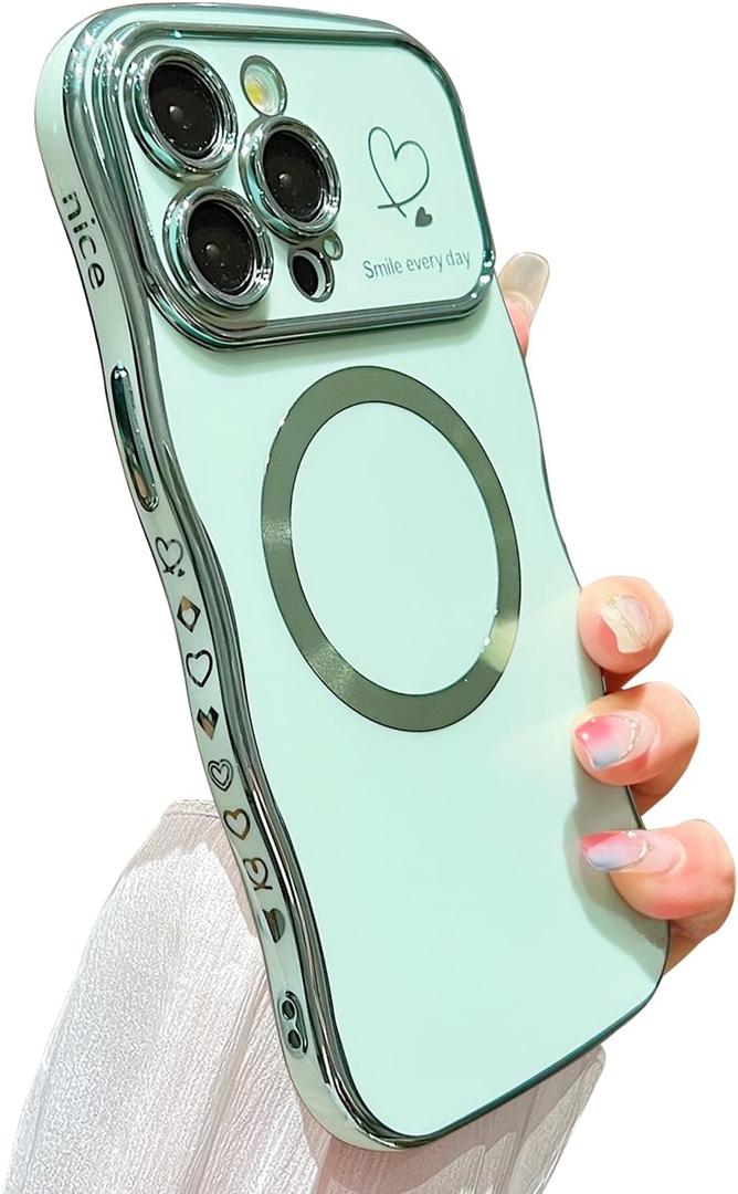 for iPhone 13 Pro Case Magnetic,for Women Girls Soft Cute Wave Frame Curly Shape Love Heart Luxury Plating Phone Case Compatible with MagSafe Shockproof Back Cover 6.1"-Green