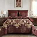 Mybedsoul 7 Pieces Burgundy Comforter Set King Size, Damask Bed in a Bag for King Bed, Lightweight Microfiber Boho Bedding Sets with Comforter, Sheet, Pillowcases & Shams for All Season(90"x104")