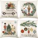 Hofomca Christmas Throw Pillow Covers 18x18 Set of 4, Merry Christmas Tree Vintage Car Nutcracker Bauble Wreath Beige Xmas Winter Holiday Decorative Pillowcase Farmhouse Home Decor for Sofa Couch