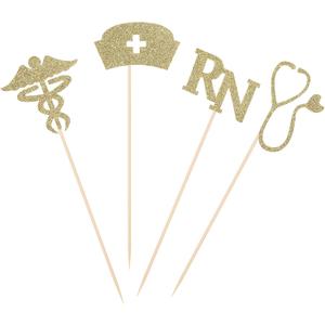 Pack of 8 Glittery Nurse Theme Centerpiece Sticks Table Toppers Medical Student Graduation Party Supply Paper Flower Picks - Gold