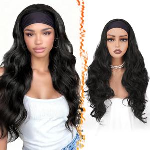 BARSDAR Long Body Wave Black Headband Wig - Black Loose Body Wavy Headband Wig for Women - 26 Inch Thick Soft Synthetic Wear and Go Glueless Wigs Natural Looking Easy Wear Head Band Wigs