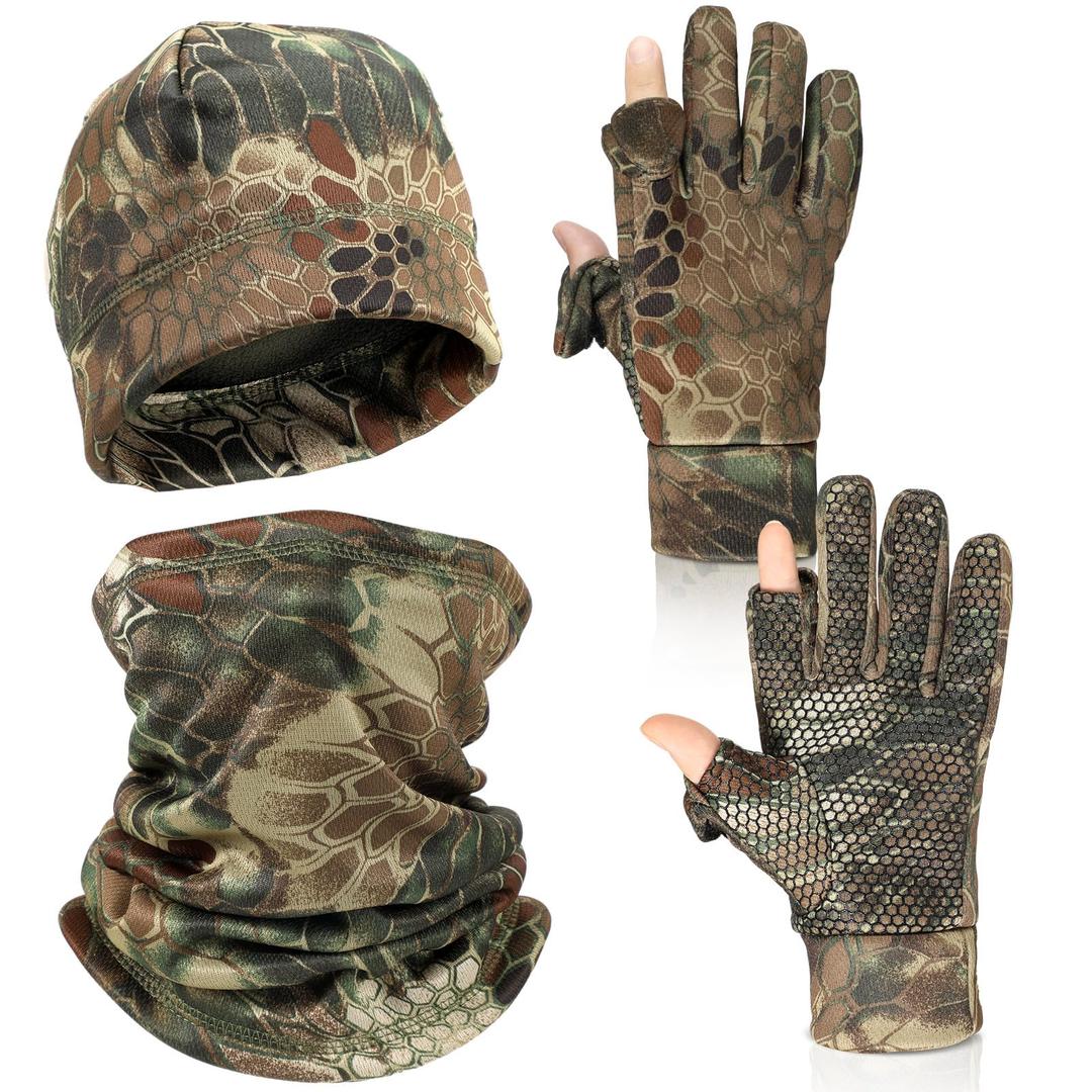 Janmercy 3 Pcs Camo Hunting Gloves Beanie Neck Gaiter Set for Men Women Gift Cold Weather Hunting Gear Accessories