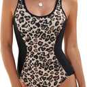 Edelqual Women's One Piece Swimsuit Tummy Control Bathing Swim Suit Slimming Color Block Scoop Neck 2025 Summer Swimwear, 
(Leopard & Black, S)