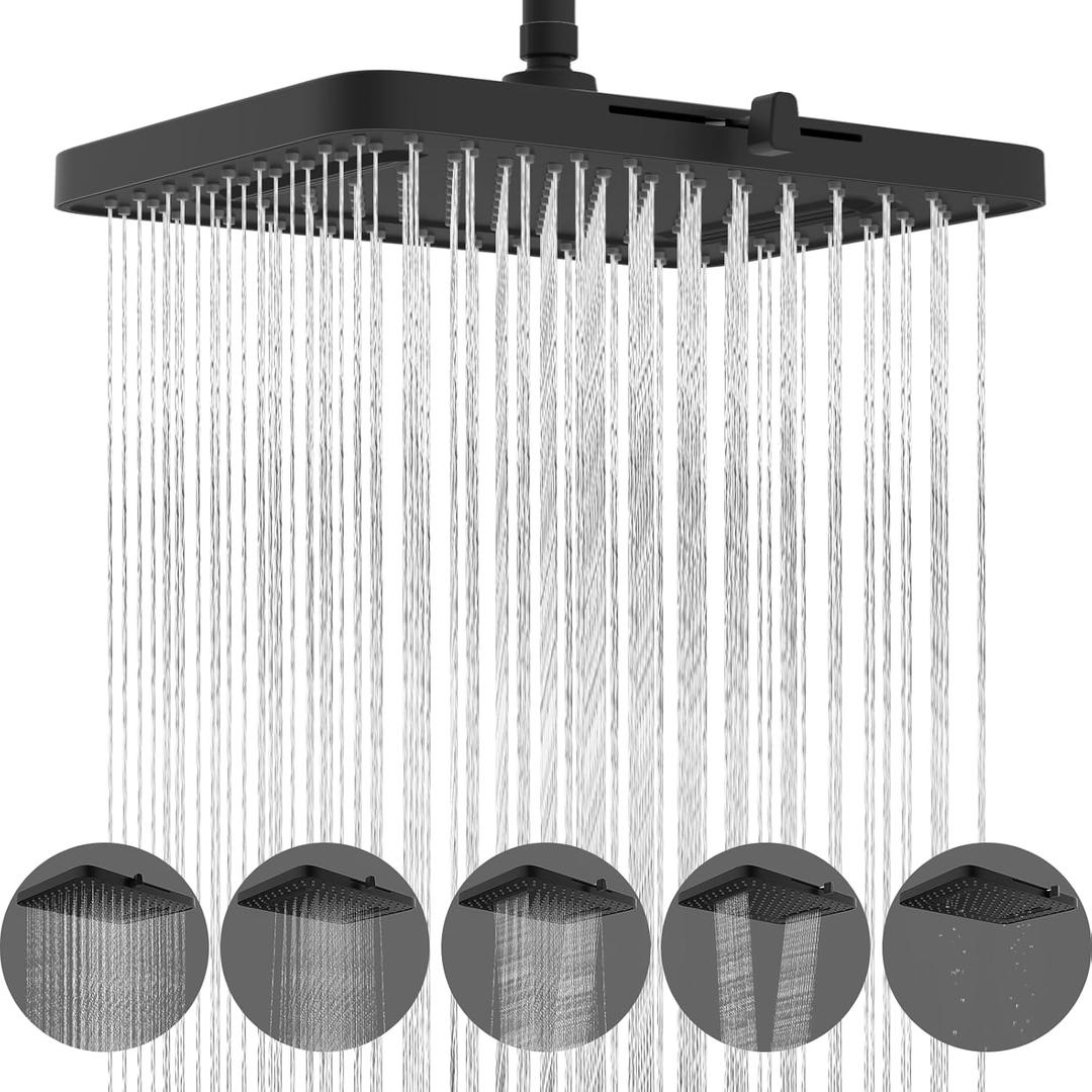 Hibbent 5 Spray Modes Shower Head, 13'' High Pressure Rain Shower Head, Large Rainfall Showerhead, High Flow Waterfall Bathroom Fixed Showerheads with Adjustable Swivel Ball Joint, Matte Black