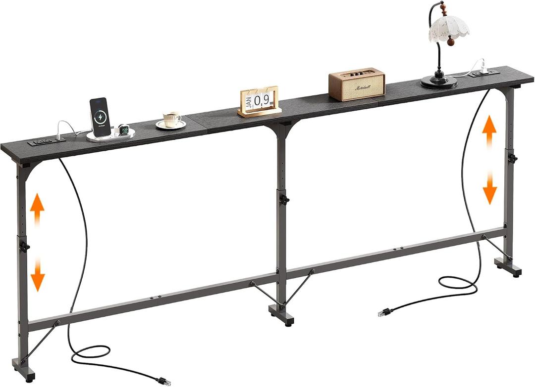 79" Sofa Table Behind Couch Table with Adjustable Height & 2 Power Outlets, 78.8"W x 5.9"D