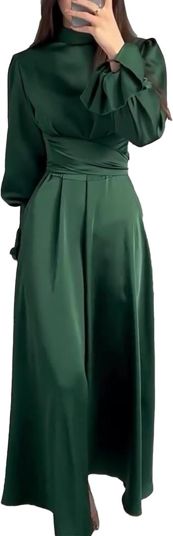 xxxiticat Women's Green Satin Dress Long Lantern Sleeve Mock Neck Puff Shoulder Tie Waist Pleated Cocktail Maxi Slip Dresses(GR, L)