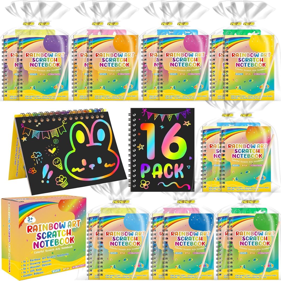 YSCare Scratch Arts Party Favors for Kids: 16 Pack Rainbow Art Scratch Notebook, Art Craft Kit Goodie Bags Stuffers, Birthday Gift Bulk Return Gifts Classroom Prizes for Girls Boy 4-8-12