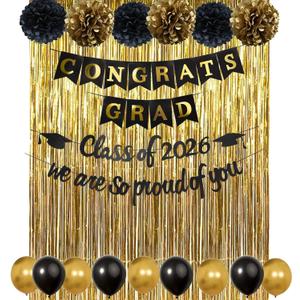 Graduation Decorations 2026 Complete Set- Class of 2026 Congrats Grad Proud of You Banners Sign Garland with Black Gold Party Supplies- Balloons, PomPoms, Foil Tinsel Backdrop Decor for School College
