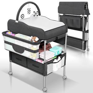Baby Changing Table Black with Storage - Collapsible Baby Diaper Changing Station with Toy Holder, Baskets - Diaper Changing Table for Small Spaces, Portable Changing Table for Baby