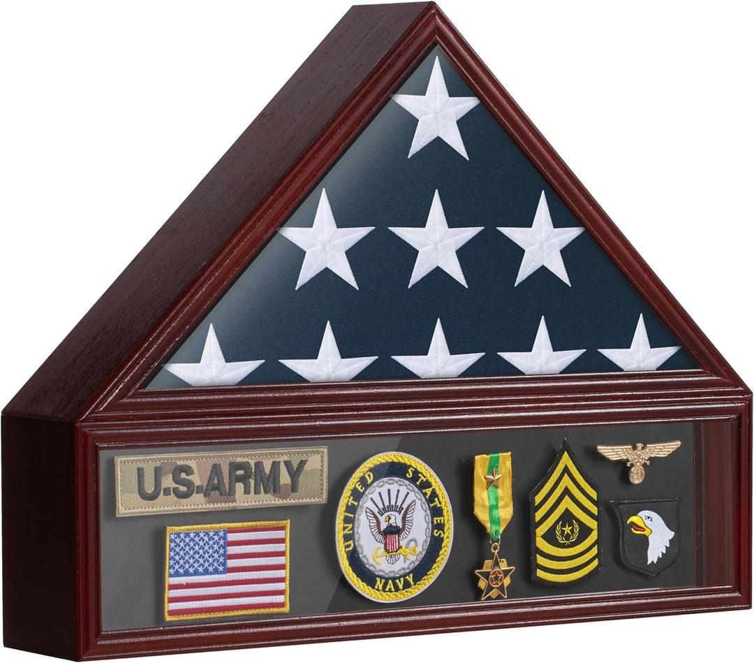 Flag Case for 3x5 FT Flag, 3'x5' American Flag Display Case Red Wood Memorial Flag Veteran Military Medal Pins Shadow Box with Acrylic Covered and Wall Mounted (Not for Burial Flag Size)