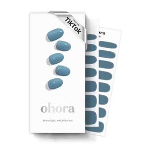 ohora Semi Cured Gel Nail Strips (N Washing Jean) - Blue, Solid, Works with Any UV/LED Lamps, Salon-Quality, Long Lasting, Easy to Apply & Remove - Includes 2 Prep Pads, Nail File & Wooden Stick