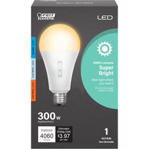 Feit Electric LED Three-Color Selectable Intellibulb - A23 with an E26 Medium Base Light Bulb - 300W Equivalent - 15 Year Life - 4060 Lumen - 2700K Soft White, 4000K Cool White and 5000K Daylight
