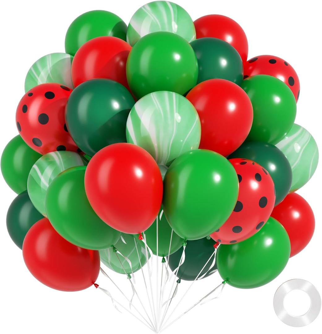 60pcs Watermelon Balloons 12inch with Red Dark Green Balloons for Watermelon Birthday One in a Melon Party Decorations