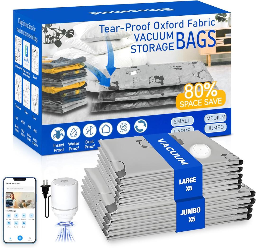 5 Jumbo + 5 Large Tear-Proof Vacuum Storage Bags with Pump, Oxford Fabric Reusable Space Saver Vacuum Storage Bags for Travel, Clothing, Luggage, Packing, Blankets, Quilt (Grey)