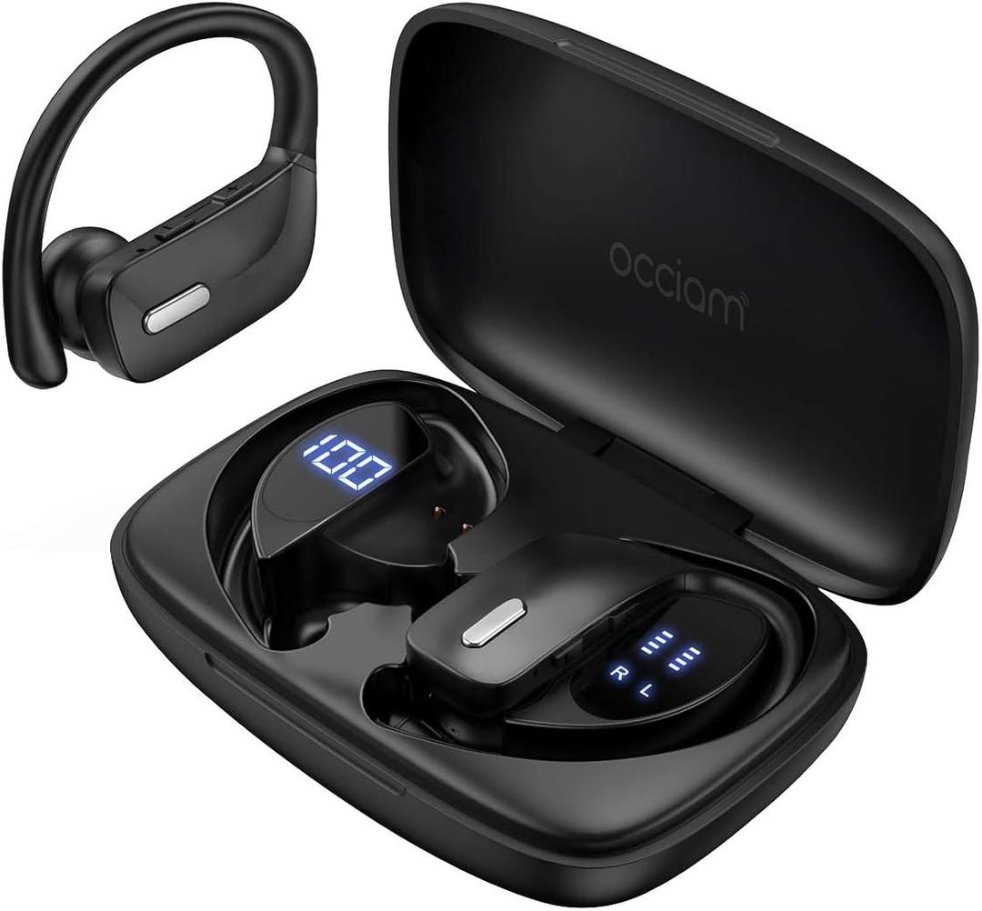 occiam Sport Wireless Earbuds Bluetooth Headphones 80hrs Playtime Deep Bass Ear Buds with Earhook Noise Cancelling Mic Waterproof Earphones for Workout Running Matte Black