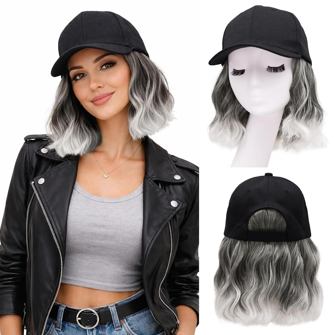 Hat Wigs for Women Baseball Cap with Hair Extensions Short Wave Synthetic baseball Cap Wig for Women Adjustable Hat with Hair Attached for Daily Use(14inch)